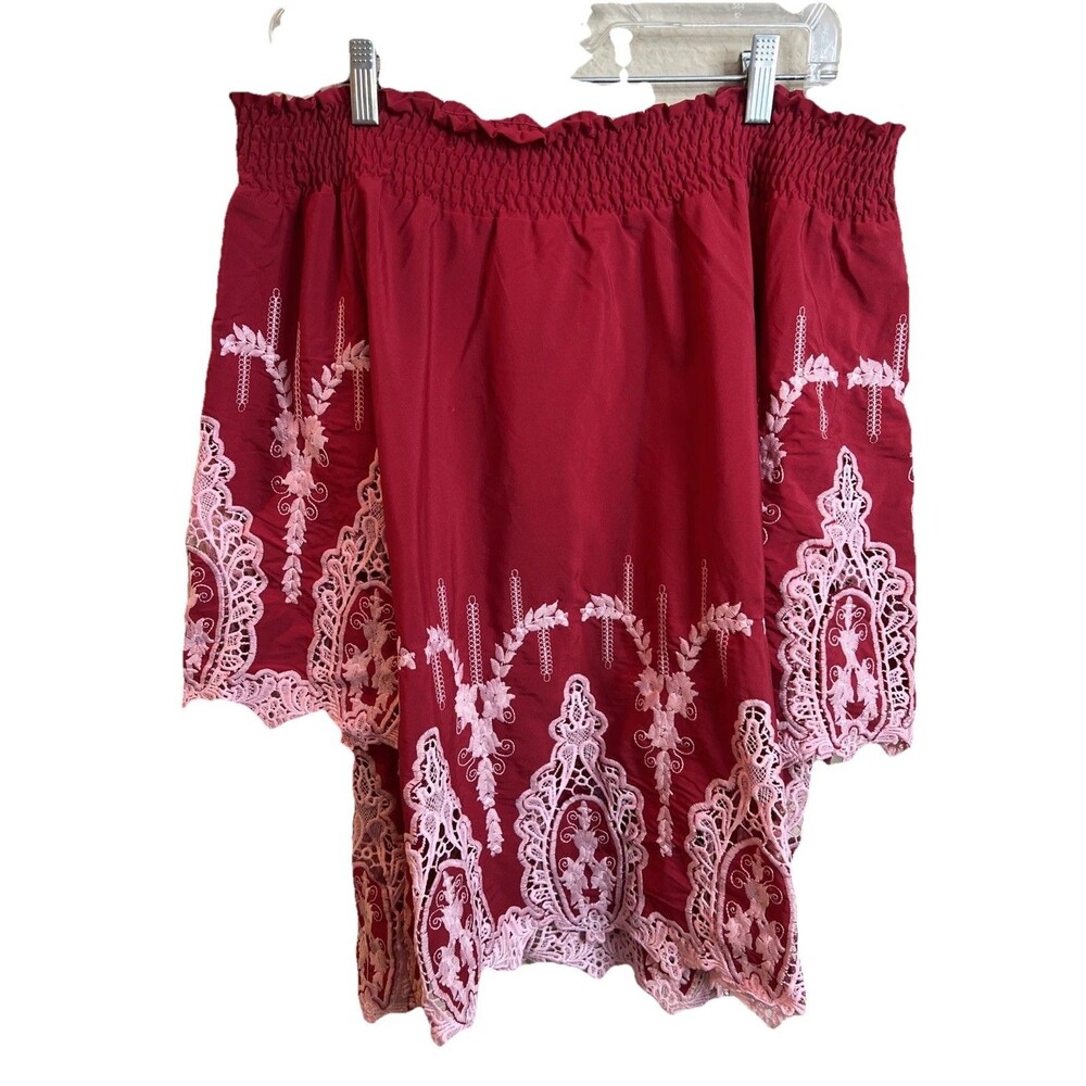 Red Boho Jane Off The Shoulder Blouse‎ Pink Heavily Embroidery Sz Small